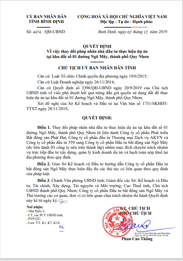Pháp lý Cadia Quy Nhơn - Giấy phép xác nhận pháp nhân chủ đầu tư dự án Cadia Quy Nhơn